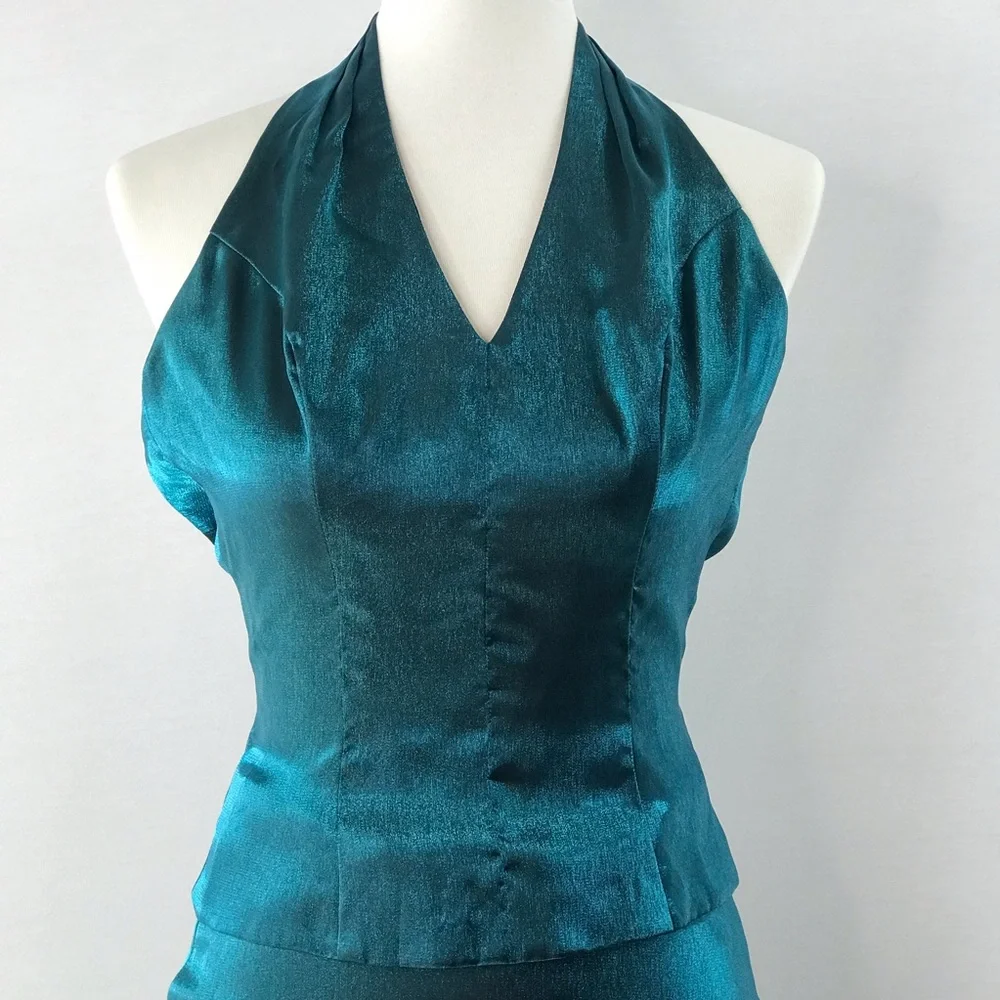 Eden Maids Teal Shimmer Two Piece Halter Maxi Dress Size 4